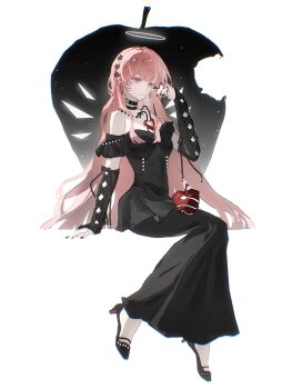 absurdres animal apple arknights black_choker black_dress black_gloves black_nails black_ribbon black_shoes casual chinese_commentary choker commentary_request cross-laced_clothes cross-laced_gloves detached_wings dress earrings energy_wings fingerless_gloves flower food fruit gem gloves hair_flower hair_ornament halo hand_up highres holding holding_animal holding_snake hoop_earrings invisible_chair jewelry jiu_yi_wu lace-up_gloves lemuen_(arknights) long_dress long_hair pink_hair red_gem ribbon shoes simple_background sitting smile snake traditional_halo wavy_hair white_background white_halo white_wings wings