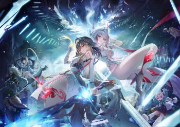 1other 4girls absurdres banyue_(zenless_zone_zero) bare_legs bare_shoulders body_markings bodysuit breasts brown_hair chowol chromatic_aberration closed_mouth commentary_request dialyn_(zenless_zone_zero) dual_persona hair_flaps hair_intakes hair_ornament hand_up highres holding holding_ofuda holding_sword holding_weapon korean_commentary legs long_hair looking_at_viewer medium_breasts multiple_girls ofuda parted_lips red_eyes smile sword thighs weapon white_bodysuit white_hair ye_shunguang zenless_zone_zero zhao_(zenless_zone_zero)