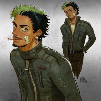 Rule 34 | 1boy, :<, alternate hairstyle, antonio leon mars (skcd loen), arm behind back, artist logo, bandaid, bandaid on cheek, bandaid on face, belt, black belt, black hair, brown pants, cigarette, closed mouth, collared jacket, commentary, cropped legs, ear piercing, earrings, eyebrow cut, facial hair, fashion, goatee, goatee stubble, gradient background, green eyes, green hair, grey background, hashtag-only commentary, highres, jacket, jewelry, leather, leather jacket, light smile, logo, long sideburns, looking at viewer, mouth hold, multicolored hair, multiple views, mustache stubble, necklace, original, pants, partially unzipped, piercing, ring piercing, shirt, short hair, sideburns, silver necklace, skcd loen, split-color hair, streetwear, stubble, symbol-only commentary, tan, two-tone hair, upper body, white shirt, zipper
