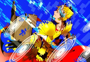 1boy armor blonde_hair commentary_request earrings fate/grand_order fate_(series) from_side gate_of_babylon_(fate) gilgamesh gilgamesh_(caster)_(fate) gilgamesh_(fate) gold_armor jewelry kiyoshita male_focus outstretched_arms portal_(object) red_eyes solo stone_tablet transformation upper_body