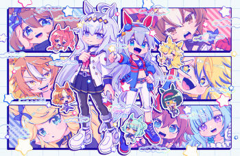 6+girls :o ahoge animal_collar animal_ears artist_name belno_light_(umamusume) belt black_collar black_pantyhose blonde_hair blue_eyes blue_hairband blue_jacket blue_sailor_collar blue_shirt blue_shoes blue_skirt bob_cut boots bow braid brooch brown_eyes brown_hair capri_pants chibi clenched_hand closed_mouth collar commentary cropped_shirt dated dicta_striker_(umamusume) domino_mask drill_hair drill_sidelocks ear_bow ear_covers ear_ornament ear_ribbon eye_mask fang fujimasa_march_(umamusume) gold_city_(authentic/1928)_(umamusume) gold_city_(umamusume) grey_hair grin hair_ornament hairband half-shirt hand_in_own_hair hand_on_own_face hand_on_own_hip headband heart highres horse_ears horse_girl horse_tail jacket jewelry kasamatsu_tracen_training_uniform letter_hair_ornament lightning_bolt_symbol long_hair long_sleeves loose_belt mask medium_hair mejiro_ardan_(clinochlore_line)_(umamusume) mejiro_ardan_(umamusume) midriff mini_the_lady_(umamusume) miniskirt multicolored_hair multiple_girls navel neckerchief norn_ace_(umamusume) obey_your_master_(umamusume) oguri_cap_(starlight_beat)_(umamusume) oguri_cap_(umamusume) one_eye_closed open_clothes open_jacket open_mouth pants pantyhose pleated_skirt purple_eyes red_belt red_hairband red_headband red_neckerchief rudy_lemono_(umamusume) sailor_collar sailor_shirt sakura_chiyono_o_(hinoshita_kaisan_hana_akari)_(umamusume) sakura_chiyono_o_(umamusume) school_uniform shirt shoes short_hair side-by-side side_drill sidelocks signature sitting skirt smile smirk sneakers standing star-shaped_pupils star_(symbol) star_brooch super_creek_(murmuring_stream)_(umamusume) super_creek_(umamusume) symbol-shaped_pupils syu_x tail tamamo_cross_(fast_as_lightning)_(umamusume) tamamo_cross_(umamusume) tracen_school_uniform two-tone_hair umamusume umamusume:_cinderella_gray v v_over_eye white_boots white_pants white_shirt yaeno_muteki_(umamusume) yellow_eyes