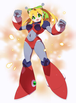 absurdres antennae armor armored_boots armored_gloves arms_up bikini_armor blonde_hair blue_eyes blurry blurry_background boots breasts covered_navel glowing green_ribbon hair_ribbon hairband headphones henshin highres hyper_roll_(marvel_vs._capcom) joints kaidou_zx knee_boots knee_pads large_breasts large_variant_set long_hair looking_at_viewer marvel_vs._capcom mechanical_arms mechanical_boots mechanical_legs mega_man_(classic) mega_man_(series) navel ponytail radio_antenna red_armor ribbon robot robot_girl robot_joints roll_(mega_man) shoulder_armor sidelocks simple_background smile sparks transformation variant_set white_background