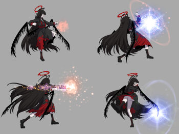 1girl absurdres antenna_hair attack black_footwear black_hair black_serafuku black_wings blood blood_on_clothes blue_archive boots commentary_request easel_(djeasel) fighting_game full_body grey_background halo highres knee_boots korean_commentary leg_sweep long_hair long_sleeves low_wings multiple_views parody punching school_uniform serafuku simple_background skirt sprite_sheet standing standing_on_one_leg tekken tekken_8 torn_clothes torn_skirt tsurugi_(blue_archive) uppercut very_long_hair wings