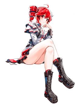 Rule 34 | 1girl, ahoge, ankle boots, ankle socks, ass, belt, black belt, black boots, blush, boots, bow, buttons, crossed legs, double-breasted, double-parted bangs, drill hair, expressionless, flat chest, grey hair, grey skirt, hair bow, hand up, head rest, highres, kasane teto, kasane teto (sv), lace-up boots, layered skirt, layered sleeves, lips, long sleeves, looking at viewer, mp777b, red eyes, red hair, red skirt, red socks, red trim, shoelaces, shoulder belt, shoulder boards, simple background, sitting, skirt, socks, solo, synthesizer v, thighs, transparent background, twin drills, utau, white bow