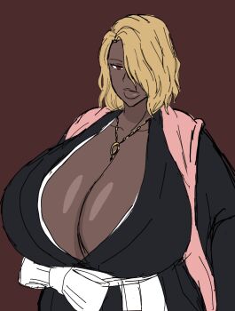 alternate_breast_size blank_stare bleach bleach:_sennen_kessen-hen breasts chain chain_necklace dark-skinned_female dark_background dark_skin eyelashes highres japanese_(nationality) japanese_clothes jewelry large_breasts lips matsumoto_rangiku mature_female momiji_(artist) momijizx necklace orange_hair pink_shawl red_eyes robe shawl shihakusho zombie zombie_girl