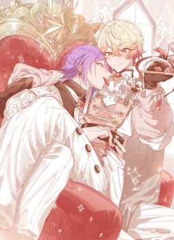 2boys blush brown_gloves candy closed_mouth commentary_request food gloves hands_on_another's_waist highres holding holding_candy holding_food holding_plate implied_yaoi kamishiro_rui long_sleeves looking_at_another male_focus mimimika_93 multiple_boys on_lap open_mouth plate project_sekai purple_hair sitting smile sparkle teeth tenma_tsukasa throne yaoi yellow_eyes