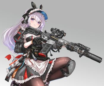 1girl apron assault_rifle baseball_cap black_pantyhose bulletproof_vest commentary english_commentary fatkewell frilled_apron frills gloves grey_background gun hat highres holding holding_gun holding_weapon knee_pads kneeling load_bearing_vest long_hair looking_at_viewer maid maid_apron maid_headdress military_operator optical_sight original pantyhose ponytail rifle smile suppressor tactical_clothes tactical_maid trigger_discipline unconventional_maid weapon weapon_request white_apron white_hair