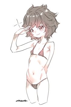 1girl bikini highres loli marnie_(meitantei_marnie) meitantei_marnie micro_bikini mudou_eichi navel salute short_hair simple_background smile swimsuit white_background