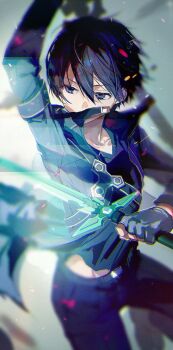 1boy arm_up black_coat black_hair black_pants black_shirt blue_eyes coat commentary_request dual_wielding fingerless_gloves gloves grey_gloves hair_between_eyes highres holding holding_sword holding_weapon kirito male_focus ogura_ari pants shirt solo sword sword_art_online weapon