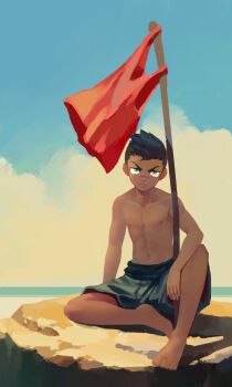 1boy barefoot blue_eyes dark-skinned_male dark_skin elbow_on_knee male_focus nipples on_ground original outdoors ryou_hiryuu shirt short_hair shorts sitting sky solo toned toned_male topless_male undercut unworn_shirt