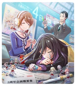 1boy 2girls absurdres ahoge anniversary aya_(project_tokyo_dolls) black_hair blanket blue_shirt brand_name_imitation brown_hair buttons can closed_eyes coffee_mug commentary_request countdown cup diagonal-striped_clothes diagonal-striped_necktie double-breasted english_text figure formal_clothes green_necktie grey_suit hair_slicked_back hand_on_own_chin hands_up headphones highres hiyo_(project_tokyo_dolls) holding holding_figure holding_pen indoors long_hair long_sleeves madarame_setsuna marker mature_male minamida_kana misaki_(project_tokyo_dolls) mixed-language_text mug multiple_girls nanami_(project_tokyo_dolls) necktie objectification official_art open_mouth pen project_tokyo_dolls red_bull sakura_(project_tokyo_dolls) screen second-party_source shiori_(project_tokyo_dolls) shirt short_hair sleeping smile striped_clothes suit takanashi_shuuichi teeth translated under_covers upper_teeth_only yamada_(project_tokyo_dolls) yuki_(project_tokyo_dolls)