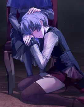 2girls amoris_(bang_dream!) bang_dream! bang_dream!_it's_mygo!!!!! black_capelet black_pantyhose black_skirt blonde_hair capelet chair commentary grey_shirt hand_on_another's_head hashtag-only_commentary highres lap_pillow light_particles long_sleeves looking_at_viewer mortis_(bang_dream!) mortis_(costume)_(bang_dream!) multiple_girls pantyhose pink_eyes purple_hair red_shorts red_thighhighs shirt shorts sitting skirt thighhighs wakaba_mutsumi white_shirt xinyi6239222644 yuutenji_nyamu