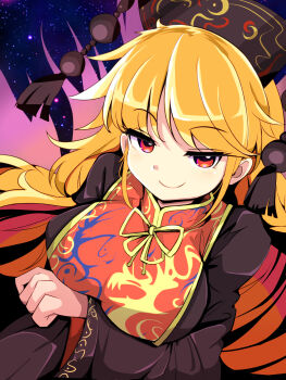 Rule 34 | 1girl, arm under breasts, black dress, blonde hair, breasts, chinese clothes, closed mouth, dress, dutch angle, harakune (mugennero), headgear, highres, junko (touhou), large breasts, long hair, long sleeves, looking at viewer, multicolored hair, neck ribbon, pom pom (clothes), red eyes, red tabard, ribbon, sidelocks, smile, smug, solo, space, star (symbol), star symbol background, swept bangs, tabard, touhou, upper body, upturned eyes, wide sleeves