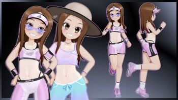 1girl 3d breasts brown_eyes brown_hair crop_top female_focus flat_chest full_body gs-mantis hands_on_own_hips hat highres karakai_jouzu_no_takagi-san loli long_hair looking_at_viewer midriff navel shoes short_shorts shorts small_breasts smile sneakers solo sportswear stomach sun_hat sunglasses takagi-san thighs thong visor_cap whale_tail_(clothing)