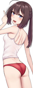 1girl absurdres ahoge akizuki_(kancolle) ass black_hair camisole commentary_request from_behind highres index_finger_raised kantai_collection kiritto looking_at_viewer looking_back panties ponytail red_panties simple_background smile solo spaghetti_strap underwear underwear_only white_background white_camisole