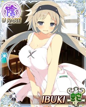 Rule 34 | 1girl, apron, apron hold, black hairband, border, breasts, brown hair, card (medium), character name, cleavage, cup, drinking glass, game cg, grey eyes, hairband, ibuki (senran kagura), indoors, large breasts, long hair, looking at viewer, low twintails, naked apron, nervous, official art, open mouth, pink apron, senran kagura, senran kagura new wave, sideboob, solo, table, third-party source, twintails