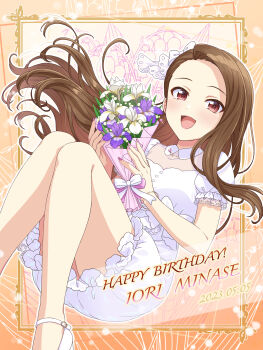 1girl 2023 :d absurdres blush bouquet brown_hair character_name child dated dress earrings floating_hair flower framed gem highres holding holding_bouquet idolmaster idolmaster_(classic) jewelry long_hair looking_at_viewer minase_iori nail_polish necklace open_mouth outline pink_gemstone pink_nails purple_flower red_eyes shiro_(ongrokm) short_dress short_sleeves smile solo straight_hair very_long_hair white_dress white_flower