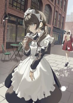 Rule 34 | 2girls, apron, black bow, black dress, black shoes, blonde hair, bow, brick wall, brown eyes, brown hair, bubble tea, building, cellphone, chair, city, collared dress, commentary request, contrast collar, cup, day, disposable cup, dress, drinking, frilled apron, frills, hair bow, highres, holding, holding cup, holding phone, jacket, juliet sleeves, long sleeves, looking at viewer, looking to the side, maid, maid apron, maid headdress, multiple girls, original, outdoors, phone, ponytail, puffy sleeves, red dress, red jacket, shii (kairi-t-k0317), shoes, sideways glance, smartphone, solo focus, storefront, twintails, white apron