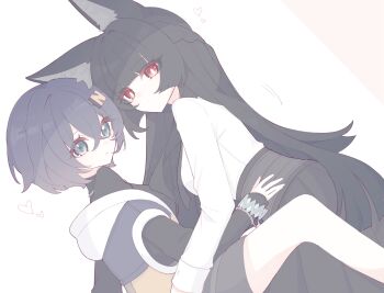 Rule 34 | 2girls, absurdres, animal ear fluff, belle (zenless zone zero), black hair, blue hair, braid, commentary, fox girl, fox tail, green eyes, hair ornament, half up braid, heart, highres, hoshimi miyabi, letter hair ornament, long hair, multiple girls, red eyes, shirt, short hair, tail, white shirt, yuri, zenless zone zero, zzzii0