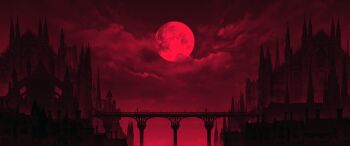 Rule 34 | bloodborne, bridge, building, cathedral, church, cityscape, cloud, flying buttress, highres, moon, night, no humans, outdoors, red theme, renekovacart, scenery, sky