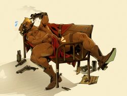 1boy absurdres adam&#039;s_apple arm_up armpit_hair bandolier bara beard belt bench body_hair boots bottle brown_hair brown_shoes canister cape cassidy_(overwatch) chest_hair chris_sdd cigar closed_eyes commentary completely_nude cowboy cowboy_boots cowboy_hat facial_hair fingernails gun hairy handgun hat highres leg_hair lying male_focus mechanical_arms muscular muscular_male nipples nude on_back overwatch prosthesis prosthetic_arm red_cape revolver shell_casing shoes short_hair sideburns single_mechanical_arm smoke smoke_trail smoking solo spurs symbol-only_commentary thighs wanted_poster weapon western