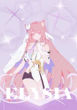 Rule 34 | 1girl, animal ear fluff, animal ears, bare shoulders, black shorts, breasts, cat ears, character name, chinese commentary, commentary request, corset, diamond-shaped pupils, diamond (shape), elysia (herrscher of human: ego) (honkai impact), elysia (honkai impact), gloves, highres, honkai (series), honkai impact 3rd, kemonomimi mode, large breasts, long hair, multicolored hair, pink hair, purple background, purple eyes, short shorts, shorts, solo, symbol-shaped pupils, two-tone hair, veil, very long hair, white corset, white gloves, white hair, white veil, yun nianchen