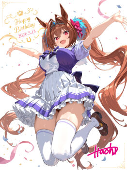 1girl animal_ears arms_up artist_name black_shoes blush bow bowtie breasts bright_pupils brown_hair commentary_request confetti daiwa_scarlet_(umamusume) dated fang hair_intakes hair_ornament happy_birthday highres horse_ears horse_girl horse_tail horseshoe_ornament itacha_(artist) jumping large_breasts leaning_forward loafers long_hair looking_at_viewer miniskirt open_mouth pleated_skirt purple_bow purple_bowtie purple_shirt red_bow red_bowtie sailor_collar sailor_shirt school_uniform shirt shoes simple_background skin_fang skirt smile solo tail thighhighs tiara tracen_school_uniform umamusume very_long_hair white_background white_pupils white_sailor_collar white_skirt white_thighhighs