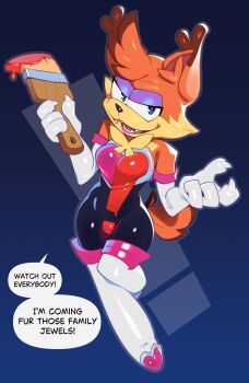 1girl absurdres animal_ears blue_eyes boots brown_fur bubsy bubsy_(character) cat_ears combos_&amp;_doodles cosplay english_text eyeshadow full_body furry furry_female genderswap genderswap_(mtf) gloves highres holding holding_paintbrush looking_at_viewer makeup paintbrush purple_eyeshadow rouge_the_bat rouge_the_bat_(cosplay) solo sonic_(series) spread_legs thigh_boots white_boots white_gloves