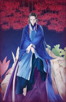 Rule 34 | 1girl, barefoot, black hair, blue haori, blue kimono, blue nails, blue pants, closed mouth, commentary request, flower, full body, hair ribbon, hamayu (yatagarasu series), haori, highres, hugging own leg, japanese clothes, karasu wa aruji wo erabanai, kimono, knee up, looking at viewer, medium hair, nail polish, nori (norimakigumo), on rock, pants, red flower, ribbon, rock, signature, sitting, smile, solo, spider lily, toenail polish, toenails, white ribbon, wide sleeves