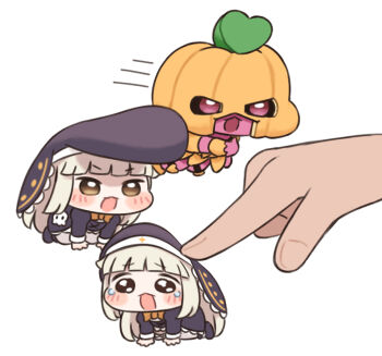 3girls :3 all_fours brown_eyes chibi commentary_request crying crying_with_eyes_open diamond_wa_kudakenai jojo_no_kimyou_na_bouken long_hair meme mini_person minigirl multiple_girls nipruku parody pompadour pumpkin_costume speaki_(trickcal) speakiposting_(meme) squishing stand_(jojo) tears trickcal