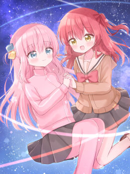 2girls :d absurdres black_skirt blue_eyes blush bocchi_the_rock! bow bowtie brown_shirt brown_shoes closed_mouth commentary_request cube_hair_ornament feet floating gotoh_hitori hair_ornament highres holding_hands interlocked_fingers jacket kita_ikuyo legs_together long_hair long_sleeves looking_at_another medium_hair mike_mochi multiple_girls one_side_up open_mouth pink_hair pink_jacket pink_thighhighs pleated_skirt red_bow red_bowtie red_hair shirt shoes skirt sleeve_cuffs smile star_(sky) star_(symbol) starry_sky_background thighhighs track_jacket white_trim yellow_eyes