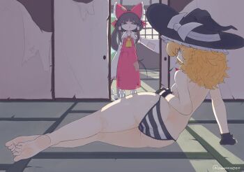 +_+ 2girls ass barefoot black_gloves blonde_hair breasts brown_hair butt_crack feet gloves hakurei_reimu hakurei_shrine hat kirisame_marisa mole multiple_girls panties pepponeppo smile thighs topless_female touhou underwear witch_hat yellow_eyes