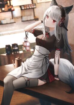 1girl absurdres animal_ears apron arknights arm_support black_skirt black_thighhighs blurry blurry_background frilled_thigh_strap closed_mouth coffee_beans coffee_maker coffee_pot crossed_legs flippy_(cripine111) fox_ears fox_girl fox_tail frostleaf_(arknights) hair_ornament hand_on_headphones head_tilt headdress headphones highres light_blush long_hair looking_at_viewer miniskirt puffy_short_sleeves puffy_sleeves red_eyes short_sleeves sitting sitting_on_table skirt solo table tail thigh_strap thighhighs waist_apron white_hair wristband zettai_ryouiki