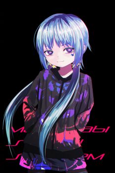 Rule 34 | 1girl, black background, black jacket, black skirt, blue hair, bright pupils, character name, commentary, cowboy shot, flat chest, hand in pocket, highres, hitnex, j-core, jacket, kobaryo, long sidelocks, looking at viewer, matatabi sound system, official art, paint splatter, purple eyes, short hair, short hair with long locks, sidelocks, simple background, skirt, smug, solo, star-shaped pupils, star (symbol), symbol-shaped pupils, very long sidelocks, white pupils