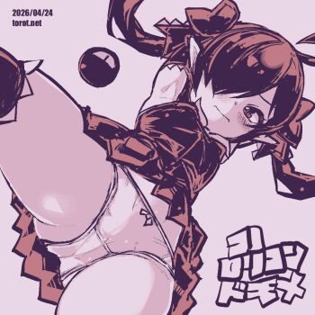 1girl ahoge armpits arms_behind_head backbeako_(torotei) backbeard blush bow bow_panties breasts closed_mouth commentary crotch_seam dated dated_commentary dress dutch_angle elbow_gloves from_below gegege_no_kitarou gloves hair_over_one_eye hair_ribbon kono_lolicon_domome long_hair looking_at_viewer monochrome neckerchief original paid_reward_available panties pantyshot pear-shaped_figure pink_background pink_theme pointy_ears ribbon simple_background skirt sleeveless sleeveless_dress small_breasts solo spread_legs thighhighs thighs torotei translated twintails underwear upskirt watermark web_address