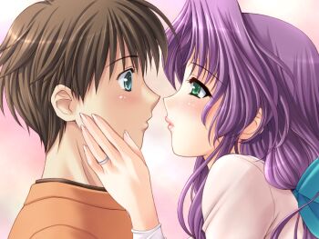1boy 1girl age_difference ahoge aoi_sakura_(tsuma_shibori) breasts face-to-face game_cg grabbing_another&#039;s_chin green_eyes hair_ribbon hand_on_another&#039;s_chin imminent_kiss jewelry kuroda_akimi large_breasts long_hair male_focus non-web_source official_art purple_hair ribbon ring tsuma_shibori tsumamigui_(series) wedding_ring