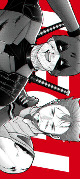 2boys absurdres beard blood blood_on_clothes blood_on_face bodysuit commentary_request cuts deadpool deadpool_&amp;_wolverine deadpool_(series) doghooouse facial_hair finger_in_own_mouth gloves highres injury katana looking_at_viewer male_focus marvel marvel mask mask_lift monochrome multiple_boys muscular muscular_male nosebleed open_mouth red_background scar scars_all_over short_hair sideways sleeveless smile superhero_costume sword sword_on_back teeth too_many weapon weapon_on_back wolverine_(x-men) x-men