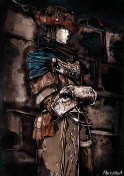 Rule 34 | 1boy, belt pouch, black scarf, brown hat, coat, commentary request, cowboy shot, crossed arms, dark souls (series), dark souls iii, gauntlets, grey coat, hat, looking at viewer, male focus, mask, masked, pouch, ringfinger leonard, scarf, solo, tricorne, umeyama (toma23)