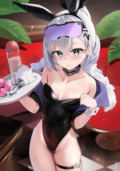 1girl absurdres anal_beads anal_tail animal_ear_hairband animal_ears black_leotard bottle breasts butt_plug cameltoe checkered_floor collarbone commentary couch cowboy_shot cropped_jacket crossed_bangs earrings fake_animal_ears fake_tail goggles goggles_on_head grey_eyes grey_hair hairband highres holding holding_tray honkai:_star_rail honkai_(series) jewelry leotard loli lotion_bottle lube playboy_bunny ponytail rabbit_ear_hairband rabbit_ears sex_toy silver_wolf_(honkai:_star_rail) skai_kun small_breasts solo tail thigh_strap thighs tray