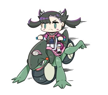 Rule 34 | 1girl, :<, absurdres, aqua eyes, asymmetrical bangs, black choker, black eyes, black hair, black jacket, black shoes, blue vest, blush, blush stickers, bow, bright pupils, chibi, choker, closed mouth, commentary request, cyclizar, dot nose, earrings, ericlicious, eyelashes, hair bow, handlebar, highres, holding handlebar, hood, hood down, hooded jacket, jacket, jewelry, long hair, marnie (academy) (pokemon), marnie (pokemon), nintendo, no sclera, official alternate costume, open clothes, open jacket, open mouth, pink bow, pokemon, pokemon (creature), pokemon masters ex, riding, riding pokemon, running, shoes, simple background, skirt, socks, twintails, undercut, v-shaped eyebrows, vest, white background, white bow, white pupils, white skirt, white socks