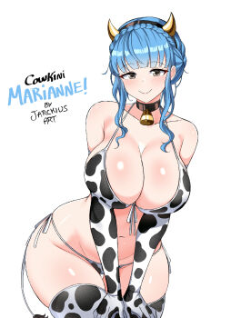 1girl animal_print bell bikini black_choker blue_hair breast_press breasts choker cleavage cow_horns cow_print cow_print_bikini cow_print_gloves cow_print_thighhighs cow_tail cowbell curvy duplicate fake_horns fire_emblem fire_emblem:_three_houses gloves hairband hands_on_own_thighs highres horns huge_breasts jarckius marianne_von_edmund neck_bell nintendo print_bikini print_gloves print_thighhighs skindentation swimsuit tail thighhighs wide_hips yellow_eyes