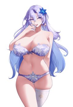 1girl arm_behind_back bare_shoulders blue_flower bra breasts cantarella_(wuthering_waves) commentary cowboy_shot earrings english_commentary facial_mark floral_print flower hair_flower hair_ornament highres huge_breasts jewelry kruup long_hair looking_at_viewer navel panties purple_bra purple_eyes purple_hair purple_panties simple_background single_thighhigh skindentation solo strapless strapless_bra tacet_mark_(wuthering_waves) thick_thighs thighhighs thighs tongue tongue_out two-tone_bra two-tone_panties underwear white_background white_bra white_panties white_thighhighs wuthering_waves