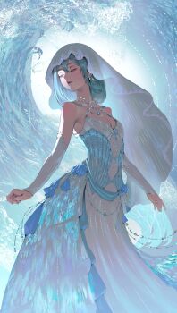 1girl absurdres aqua_hair bare_shoulders beads blue_dress breasts caballero58 chinese_commentary cleavage closed_eyes commentary_request commission daughter_of_the_lake_(infinity_nikki) dress earrings expressionless feet_out_of_frame frilled_arm_warmers hair_between_eyes highres infinity_nikki jewelry layered_dress long_dress medium_hair necklace nikki_(series) open_mouth second-party_source see-through_clothes see-through_veil sleeveless sleeveless_dress small_breasts solo spaghetti_strap standing veil watermark waves white_arm_warmers white_dress white_veil