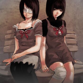 2girls amakura_mayu amakura_mio bandages bandages_over_eyes black_eyes black_hair black_leggings blindfold brown_dress dress fatal_frame fatal_frame_ii:_crimson_butterfly gauss_&lt;bokashi leggings looking_at_viewer multiple_girls red_ribbon ribbon short_hair siblings sisters sitting skirt twins white_skirt