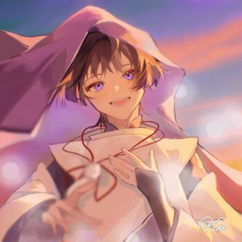 Rule 34 | 1boy, blurry, depth of field, genshin impact, highres, japanese clothes, looking at viewer, male focus, outdoors, purple eyes, purple hair, scaramouche (genshin impact), scaramouche (kabukimono) (genshin impact), smile, solo, sunset, tong827038, veil