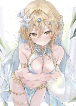 1girl alternate_costume arms_under_breasts bare_shoulders blonde_hair blue_gemstone blue_loincloth blush breasts cleavage closed_mouth commentary_request fingernails flower gem genshin_impact hair_between_eyes hair_flower hair_ornament harem_outfit highres leaning_forward loincloth looking_at_viewer lumine_(genshin_impact) maruro medium_breasts navel short_hair_with_long_locks solo stomach white_flower yellow_eyes