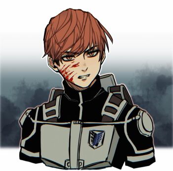 1boy backpack bag blood blood_on_face brown_eyes brown_hair clenched_teeth commentary floch_forster highres keksimuru male_focus portrait shingeki_no_kyojin solo survey_corps_(emblem) teeth three-dimensional_maneuver_gear