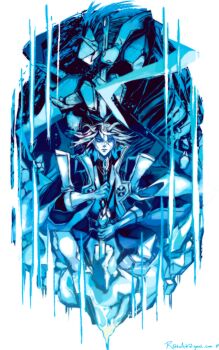 Rule 34 | 2boys, armor, artist request, blazblue, blonde hair, glowing, glowing eyes, hakumen, highres, holding, holding sword, holding weapon, kisaragi jin, long hair, multiple boys, non-web source, ponytail, sword, very long hair, weapon