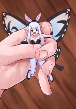 1boy 1girl absurdres airy_(bravely_default) animal_ears black_eyes black_leotard black_shoes bravely_default:_flying_fairy bravely_default_(series) breasts butterfly_wings commentary english_commentary fairy fairy_wings fake_animal_ears highres holding holding_mini_person insect_wings leotard long_hair mini_person minigirl obsidianwasp open_mouth pantyhose pointy_ears pov rabbit_ears shoes size_difference small_breasts thighs white_hair white_pantyhose wings