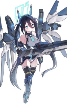 1girl absurdres aqua_halo aris_(armed)_(blue_archive) aris_(blue_archive) black_hair blue_archive blue_eyes blue_necktie closed_mouth commentary_request hair_between_eyes halo highres long_hair_between_eyes looking_at_viewer mecha_musume mechanical_legs mechanical_wings necktie odod1228 official_alternate_costume official_alternate_hairstyle railgun rectangular_halo ringed_eyes simple_background smile solo weapon white_background wings